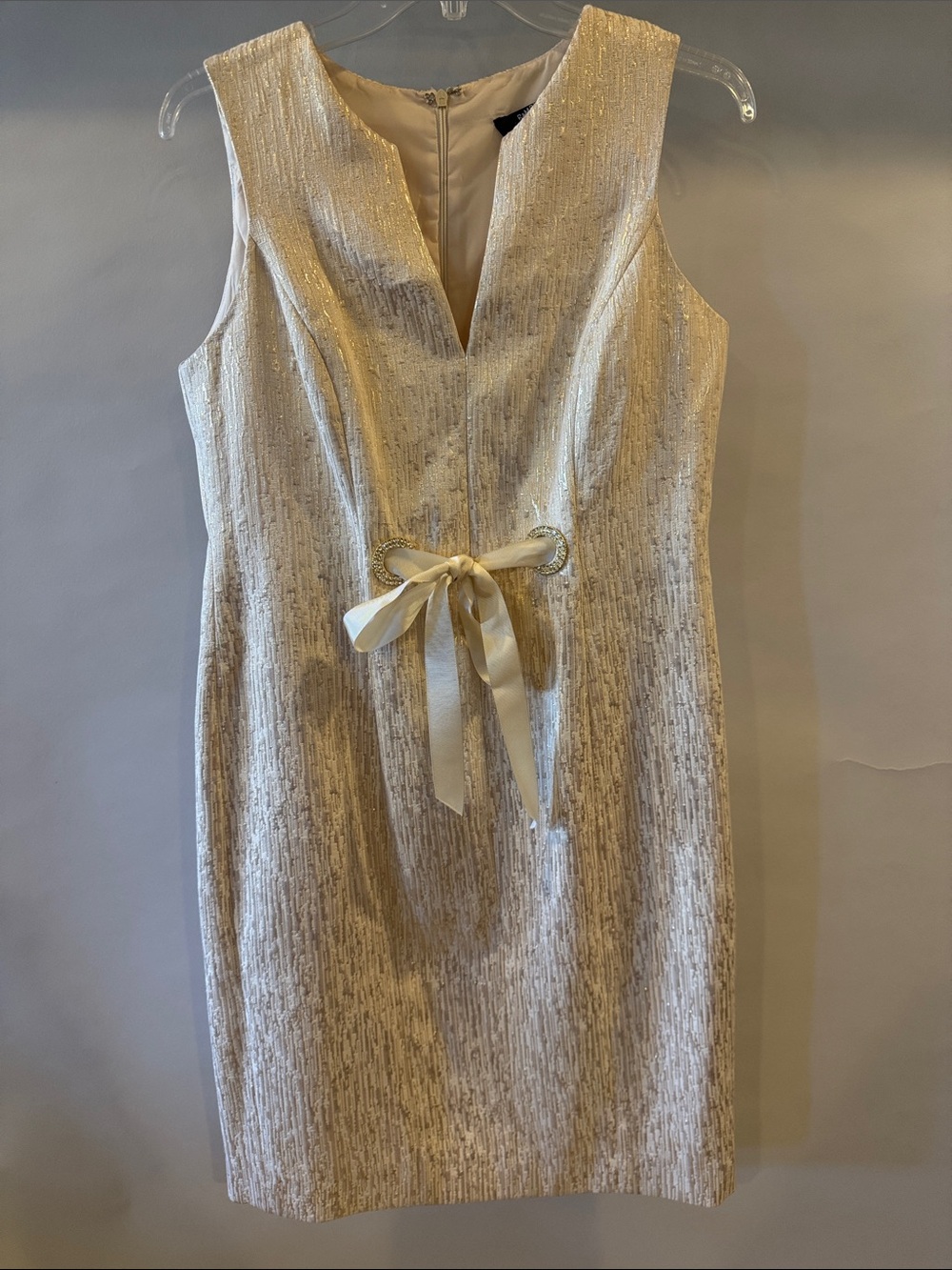 R&M Richard’s Elegant Cream Metallic Sheath Dress with Tie Waist